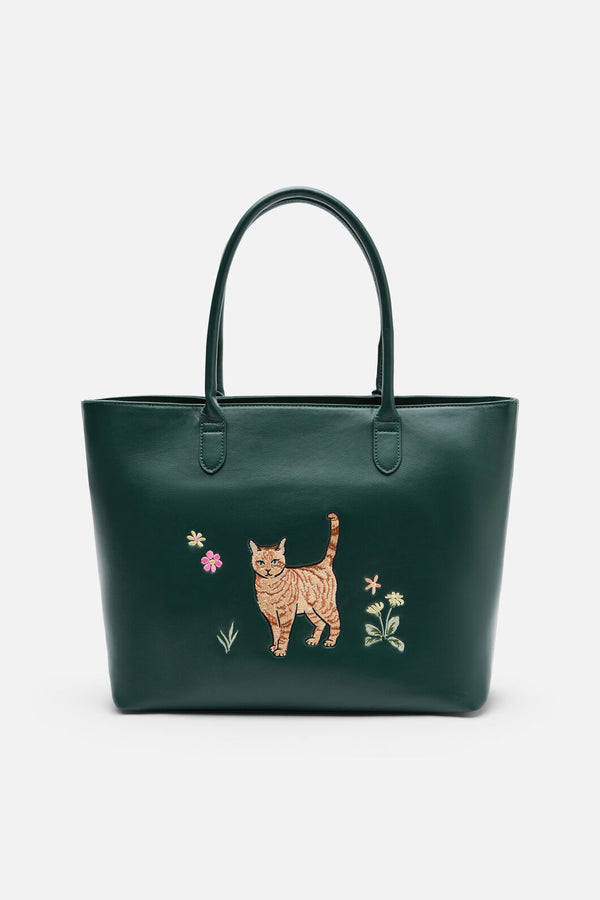 Princess Highway - Cute Cat Embroidered Tote - green