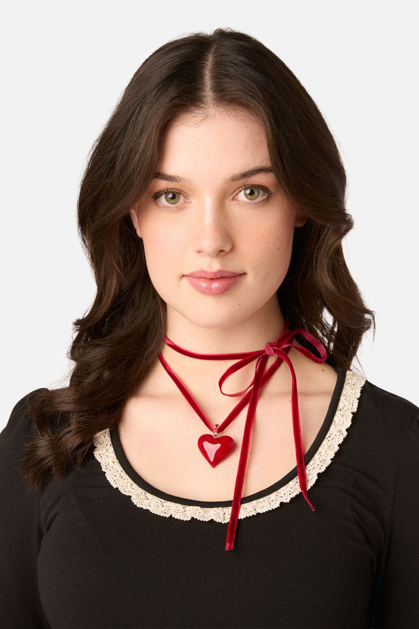 Princess Highway - Velvet Bow Heart Necklace - red
