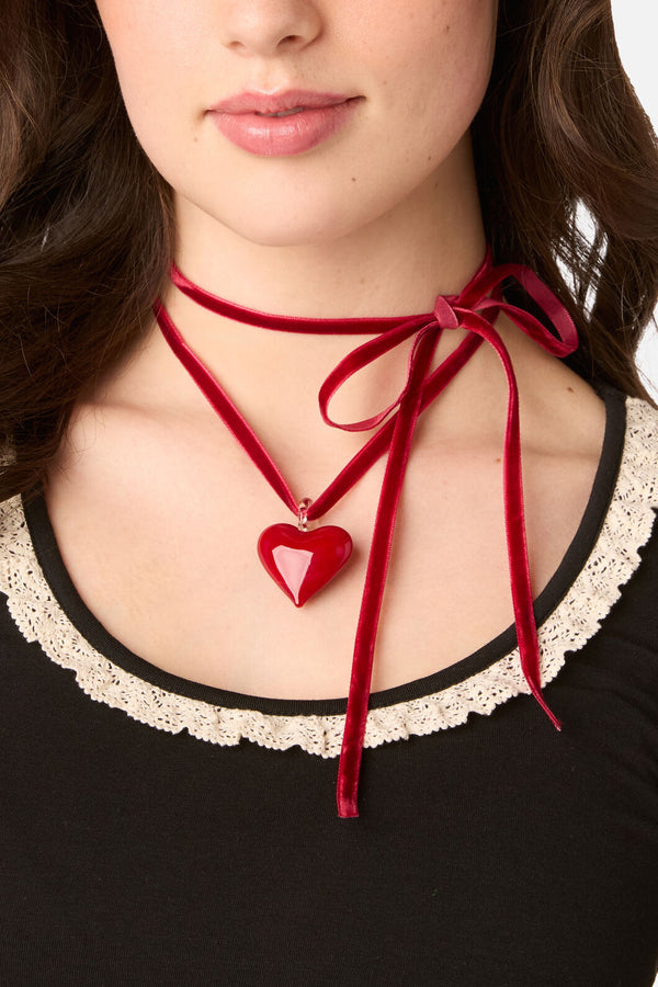 Princess Highway - Velvet Bow Heart Necklace - red