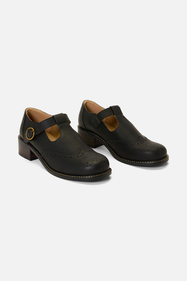 Princess Highway - Black T Bar Brogue Shoe - black
