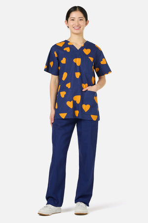 Princess Highway - Orange Hearts Top & Pant Scrub Set - navy